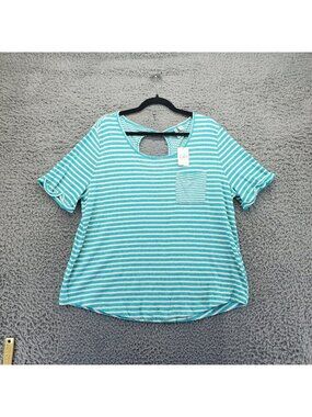 Cato Top Womens XL Blue Striped Front Pocket Keyhole Back Short Sleeve *NWT*